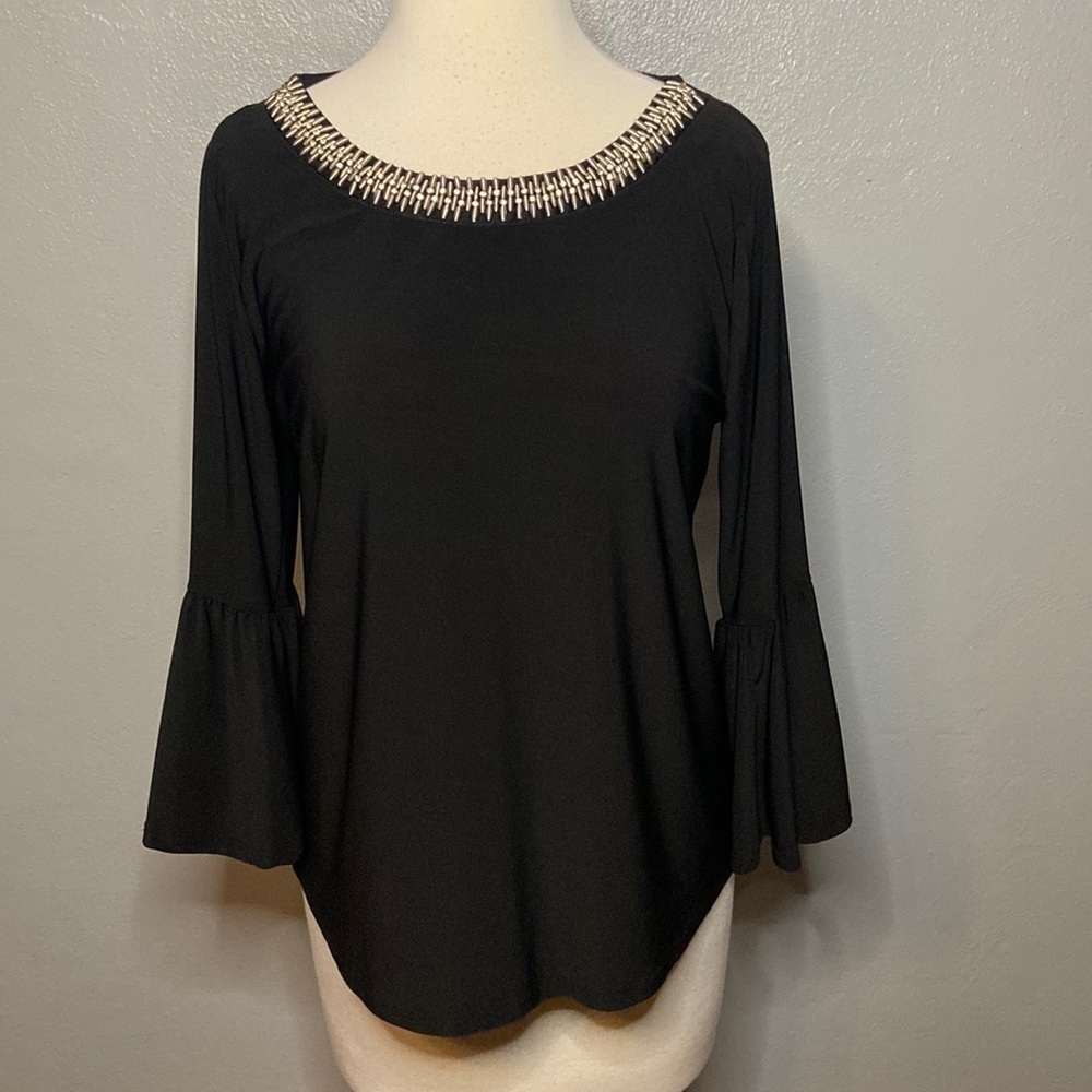 Faith and Joy Blouse 3/4 Bell Sleeves Beaded Neckline Black Petite Mediun